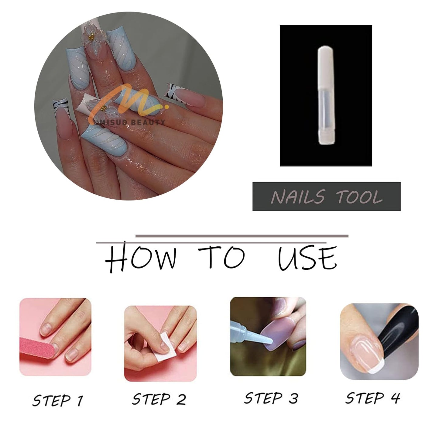 MISUD Press on Nails - Long Square Glue on Nails with Blue Pink, Acrylic Flower Design 24 pcs