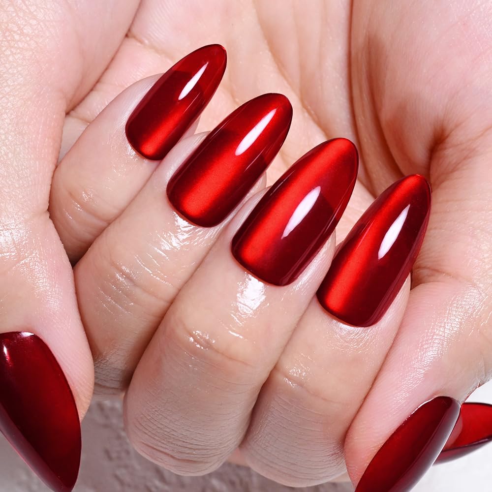 evpct True Red Cat Eye Chrome Press on Nails Almond Medium No Glue, Red Holographic Medium Almond Stick on Fake Nails for Women Gift, Glossy Cat Eye Effect, Perfectly Fit Salon-quality Soft False Nail