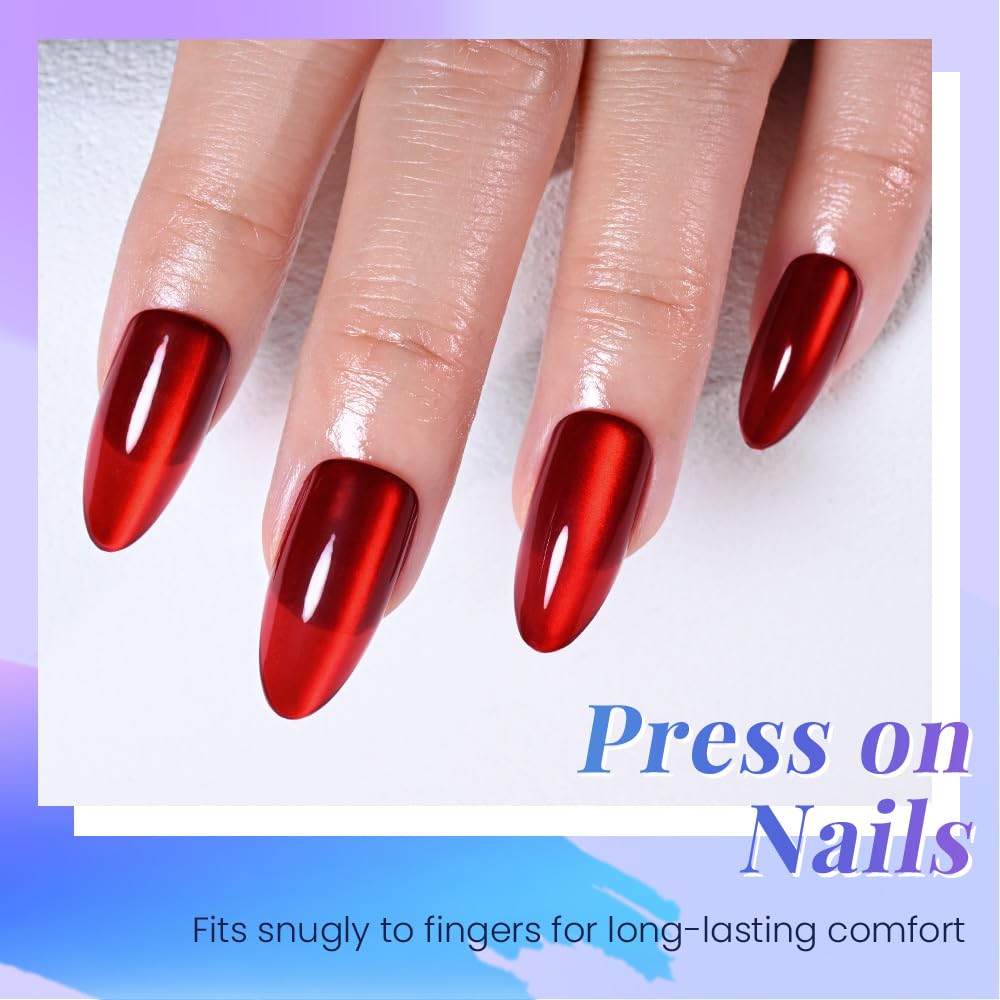 evpct True Red Cat Eye Chrome Press on Nails Almond Medium No Glue, Red Holographic Medium Almond Stick on Fake Nails for Women Gift, Glossy Cat Eye Effect, Perfectly Fit Salon-quality Soft False Nail