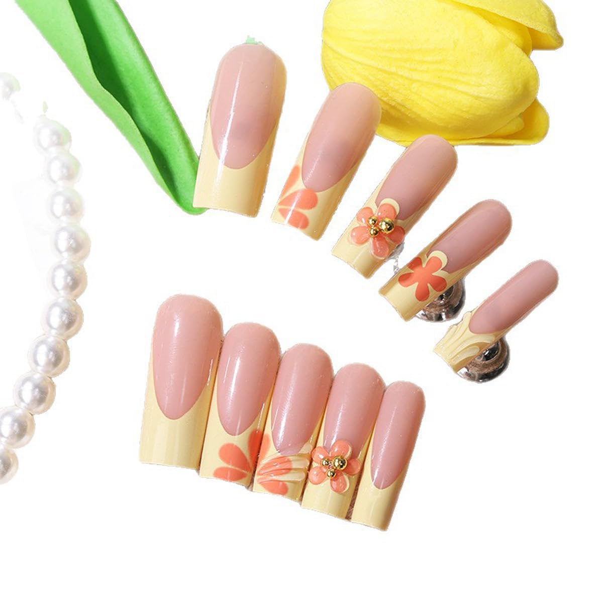 Yellow French Tip Press on Nails Long Square Nails Press ons with Flower & 3D Gold Pearl Design Nude Summer Fake Nails Full Cover Glossy Stick on Nails for Women 24Pcs
