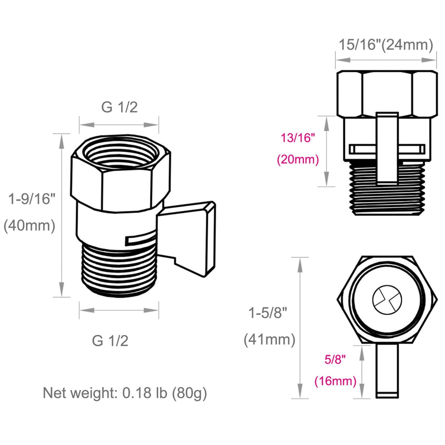 Angle Simple Shower Flow Water Valve, Brass Shut Off Valve for Hand Shower, RV Hose Flow Restrictor, Chrome