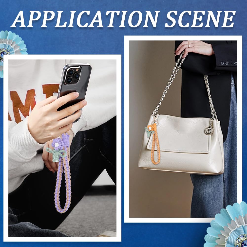 SUNNYCLUE DIY 6 Sets Phone Charms Making Kit Phone Wrist Strap Macrame Keychain Bracelet Flower Keychains Cellphone Lanyard Boho Macrame Kits for Beginner Starter Smartphone Key Purse Bag Wallet