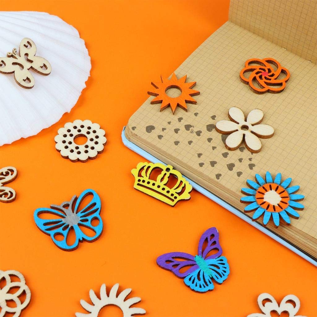 300Pcs Wooden Embellishments,Flower Butterfly Shape Wooden Cutouts Wooden Scrapbooking DIY Handmade Crafts Children Graffiti Home Decor Wooden Crown Pieces Discs Wood Slice Ornament Manual Accessories