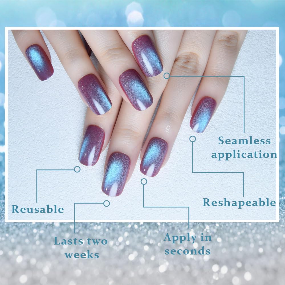 evpct Mauve Blue Reflective Metallic Cat Eye Press on Nails Medium Square No Glue, Stick on Nails Medium Square for Women, Mauve Metallic Nail press ons, Iridescent Glitter Acrylic Fake Press on Nail