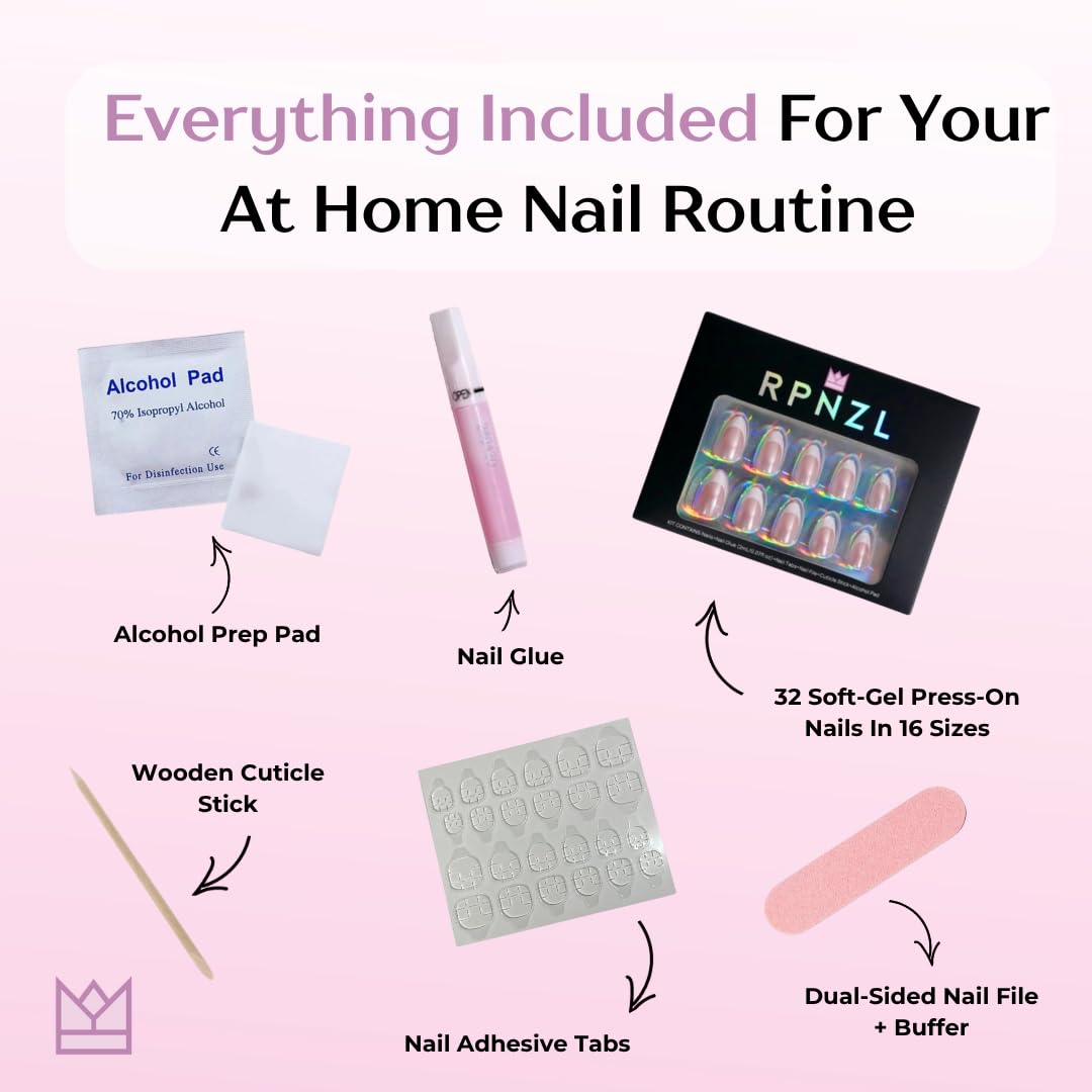 French Tip Press on Nails – French Toast | Medium Almond Shape with Glossy Glazed Finish | Salon Quality Fake Nails, 32 Nails(16 Sizes) Kit with Glue & Adhesive Tabs