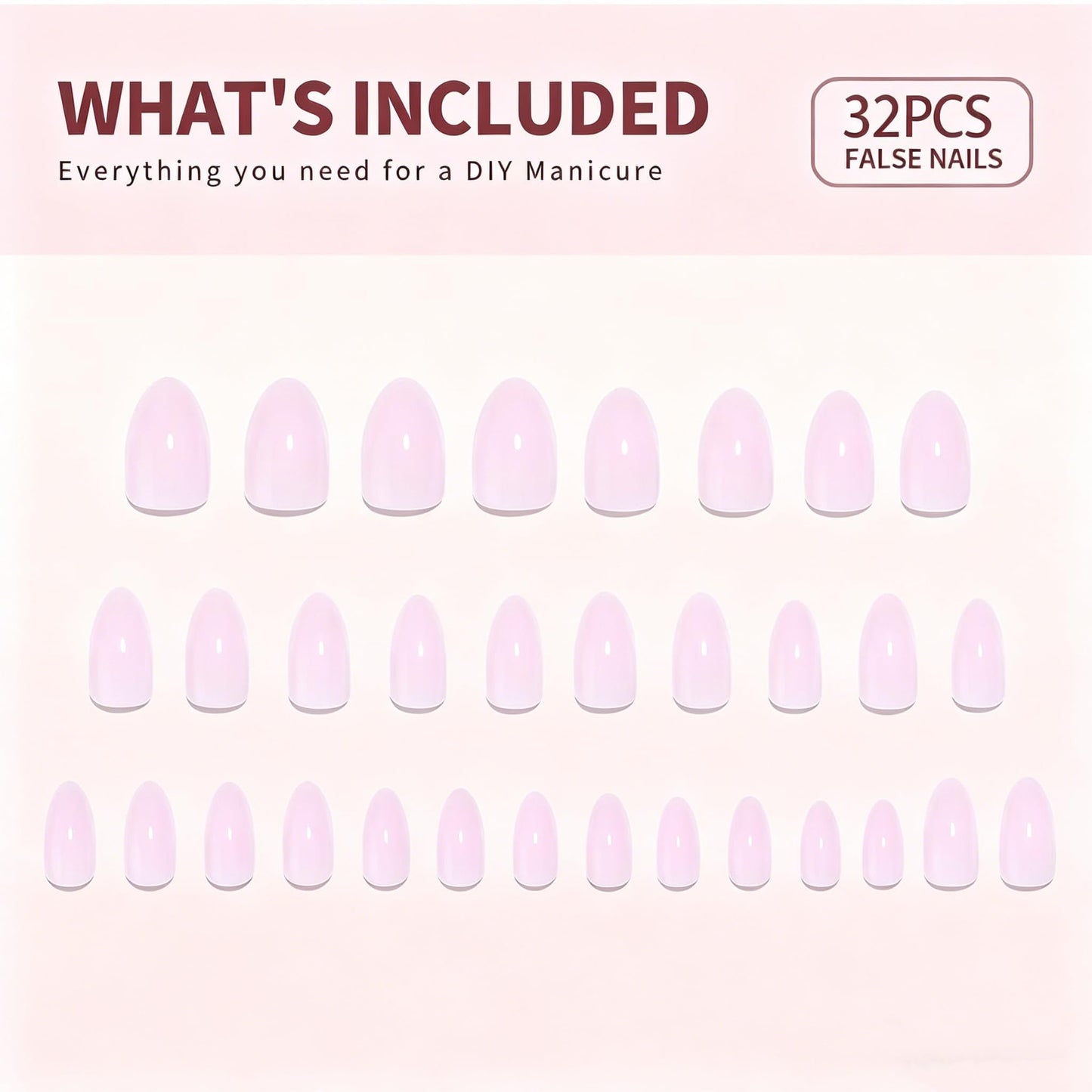 Milk Tea Pink Short Almond Press on Nails - Sheer Jelly Gel Nails Kit, Reusable 32Pcs with Glue & 16 Sizes for Women, Daily, Office Wear, Nude Nails