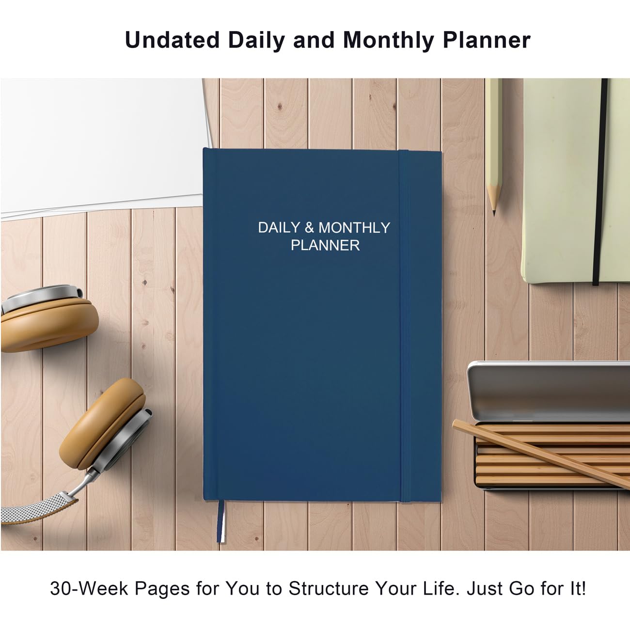 Daily & Monthly Planner for 2026 or Anytime - ADHD Planner Two Pages Per Day, Daily Planner Undated to Increase Focus, Eliminate Overwhelm, Achieve Your Biggest Goals, 5.8'' × 8.3'', Blue