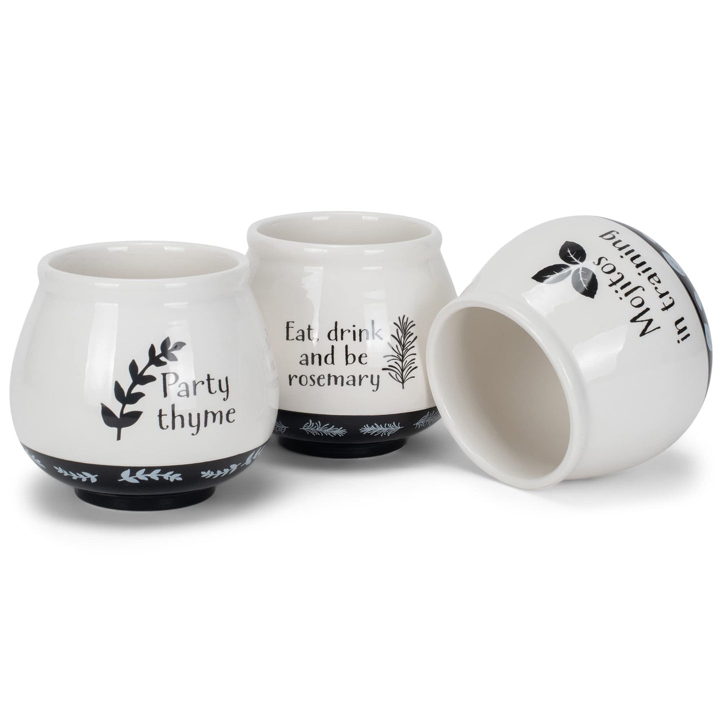 Napco Assorted Witty Herb Cache 3.5 Inch White and Black Ceramic Planters (Set of 3)