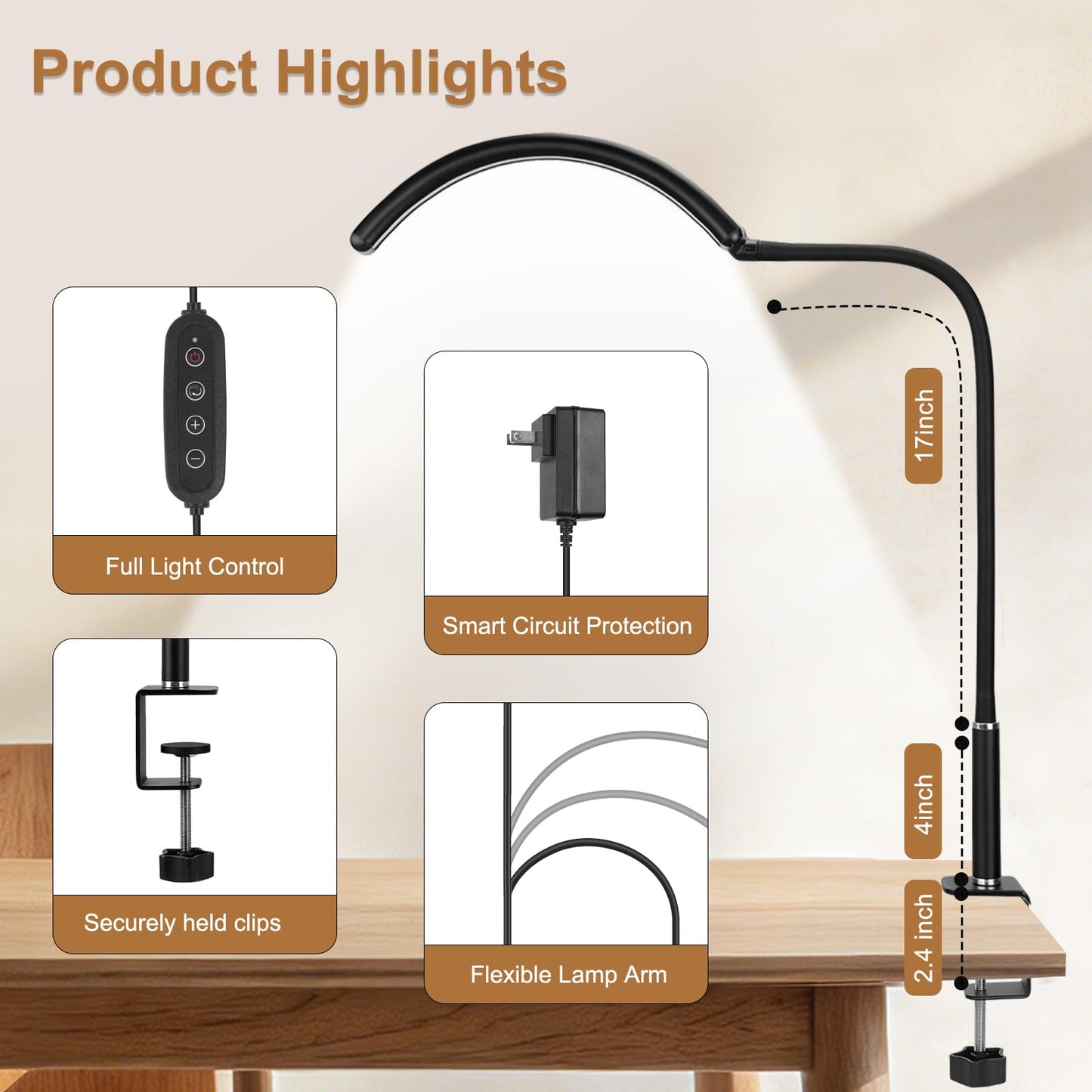 Half Moon Light for Nail Desk, Dimmable Lamp with Clamp for Manicure, Nail Techs, Study, Work, Jewelry, Tattoo. Shadowless Eye-Care Light for Reading, Art, Crafting, Sewing, Painting, DIY.Space-Saving