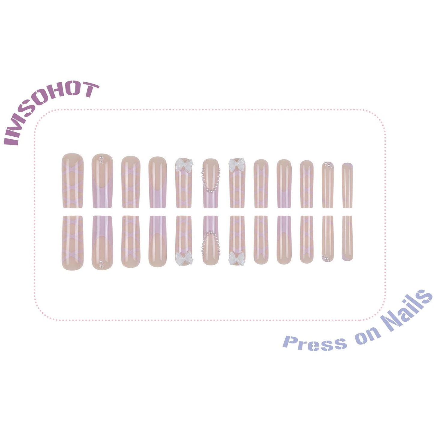 IMSOHOT Purple Press on Nails Long Square Fake Nails French Tips Glossy Acrylic False Nails with Bow Designs Full Cover Artificial Stick on Nails for Women 24Pcs