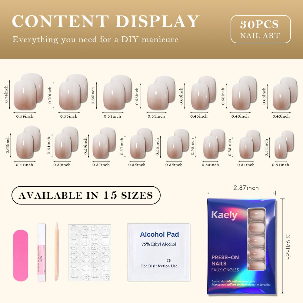 evpct Coffee Cream White Ombre Press on Nails Short Square, Short Square Glossy Stick on Nails for Women Gift with Manicure Kit, Reusable Soft Stick on Acrylic Fake Nail Press ons with Ombre Designs