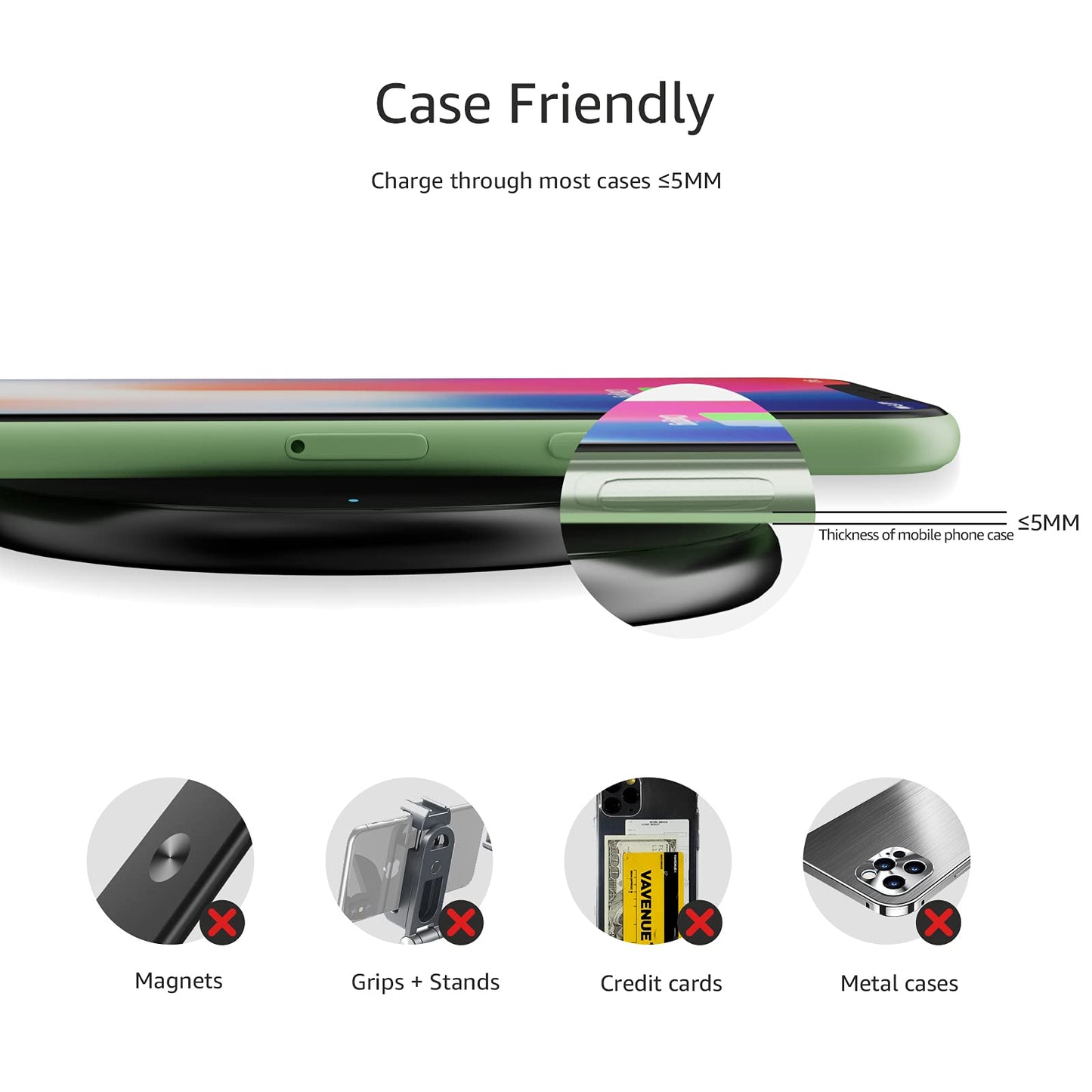 Amazon Basics 15W Qi Certified Fast Wireless Charging Pad with USB Cable for iPhone 15/14/13/12/11/X, Samsung and LG, Case Compatible, Black