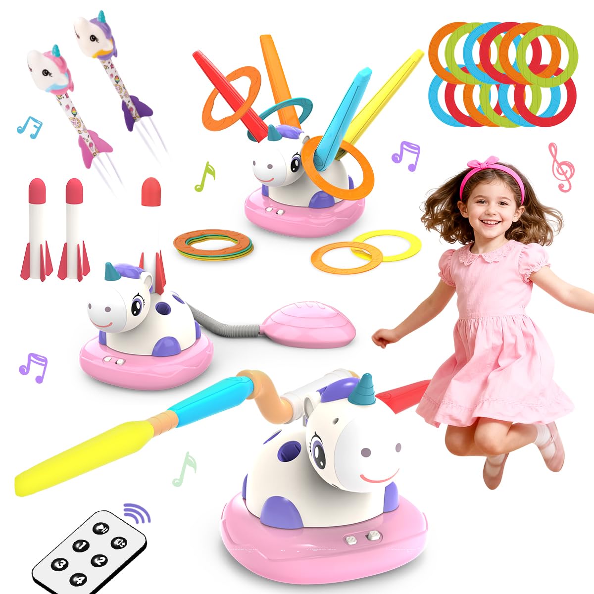 RUIDYA 3 in 1 Musical Jump, Toss Ring Game and Stomping Launch Unicorn Rocket Launcher for Kids Outdoor Toys with Remote Control, Indoor Outside Toy for Kids Ages 3-8