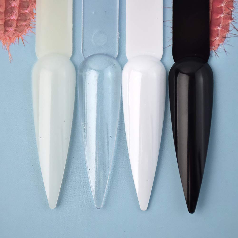 QIMYAR 160 Pcs False Nail Sticks - Fan Shaped Swatch Sticks, Display Board, Transparent, Black, Natural, Milky Colors, Stiletto Tips