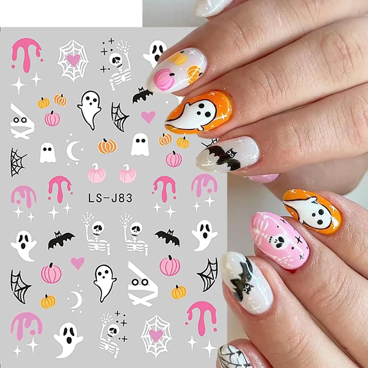 LRKNNO Halloween 3D Nail Stickers, Paper Decals for Women, Ghost, Skull, Pumpkin, Spider, Cat, 6 Sheets