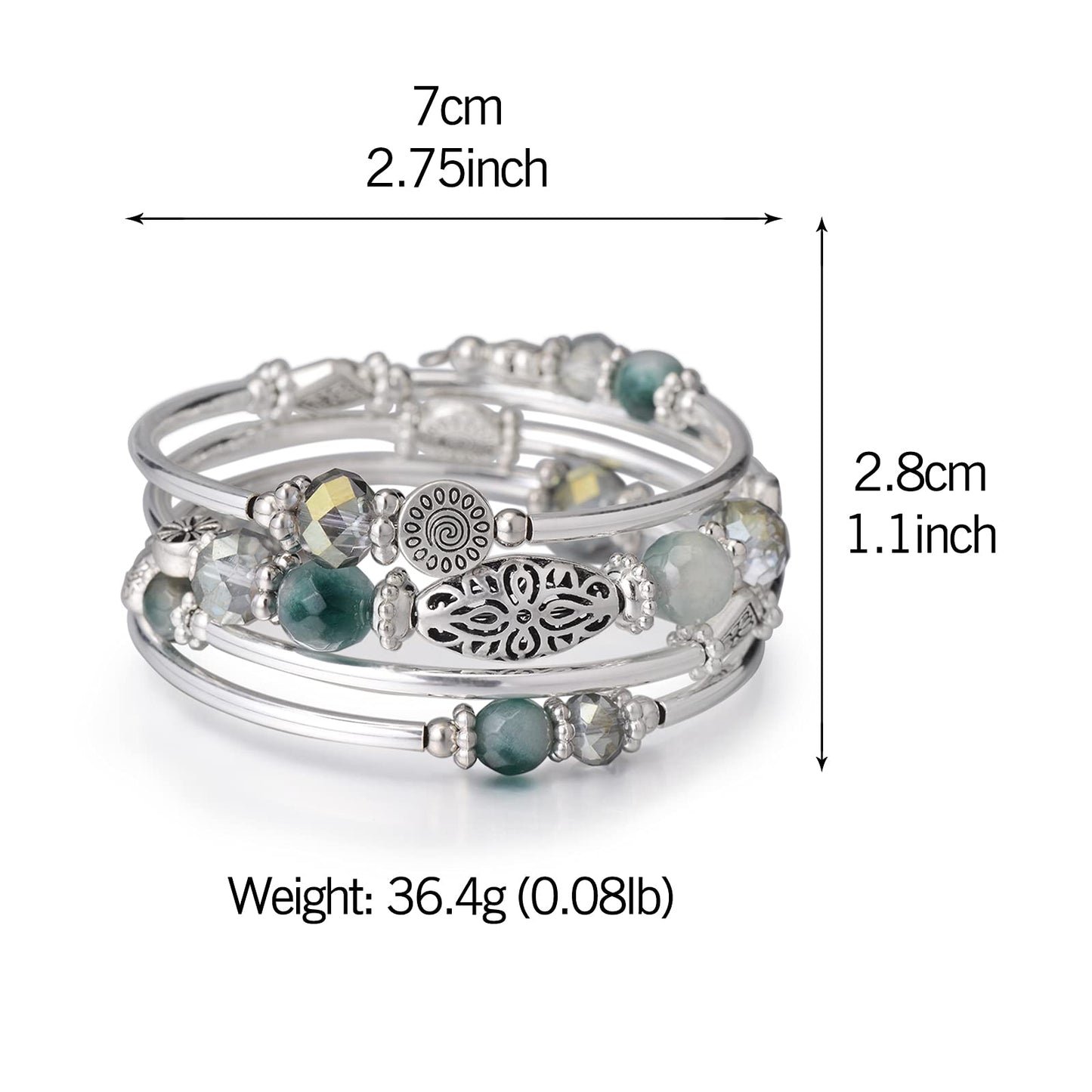FULU AUTUMN Stackable Beaded Bracelet for Women Boho Wrap Silver Bracelet Layered Fashion Jewelry Gift (Green)