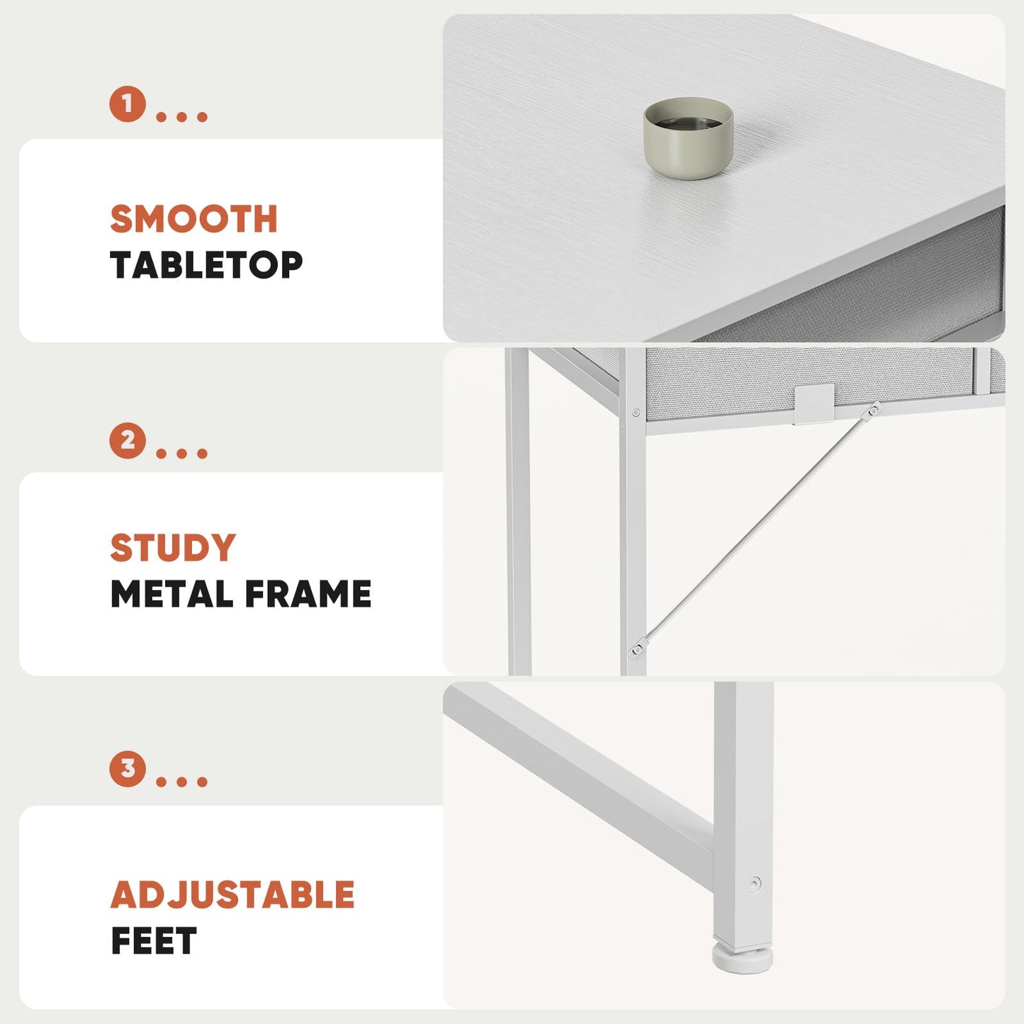 DUMOS 32" Home Office Computer Desk with Drawers, Small Gaming Writing Study Table with Storage Side Bag, Headphone Hook and Adjustable Feet for Bedroom White