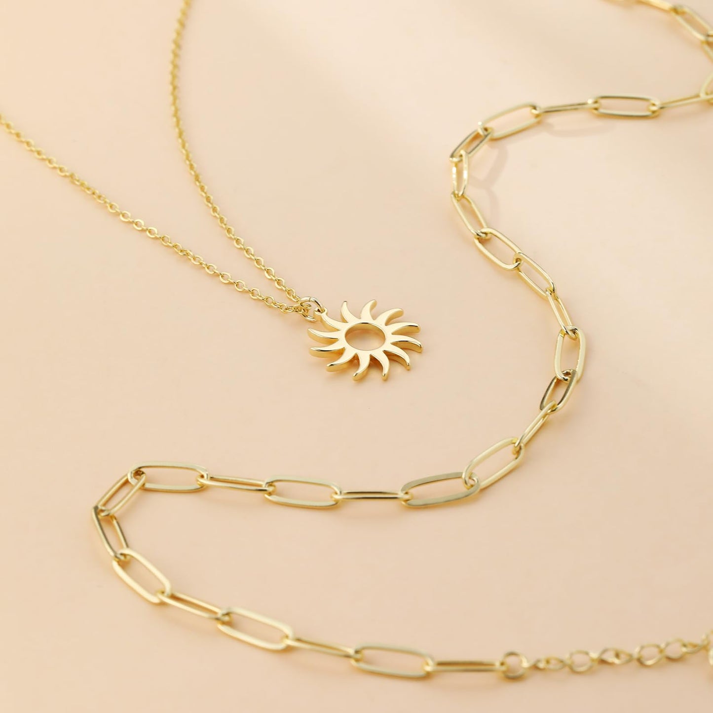 MFRYK Gold Necklaces Stack, 14K Gold Plated Simple Layered Choker Necklaces, Gold Stackable Multilayer Sun Pendant Cable Chain Paperclip Chain Layering Necklaces Set