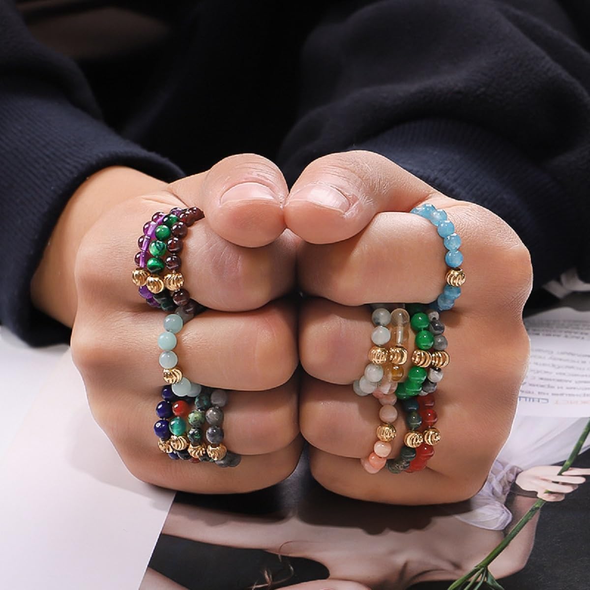 oasymala 4mm Handmade Healing Stone Beads Ring with Elastic Stretchy Cord, One Size Fits Most (Labradorite)