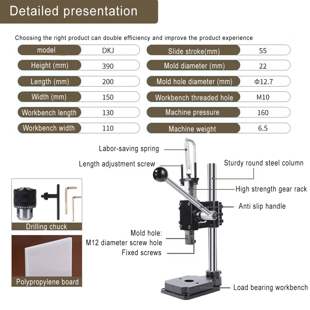 Leather Hole Puncher Industrial Hole Puncher Arbor Press Leathercraft Punching Tools for DIY Leather Craft Punching Holes withPP Plate，1.5-13mm Clamping Chuck，Free Accessorie