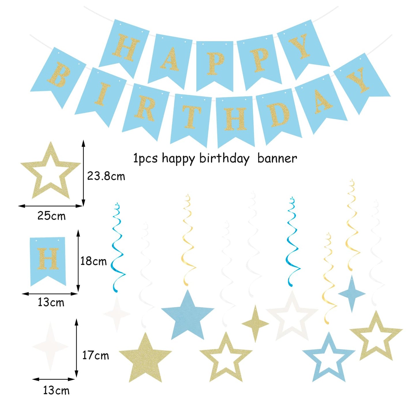 Light-Dusty Blue Beige-Champagne Birthday Party-Decorations - 19pcs Boho Neutral Streamers Banner,Paper Star Garland Lanterns Honeycomb Fan,Tissue Pom Poms,Wall Ceiling Backdrop Supplies Ouruola