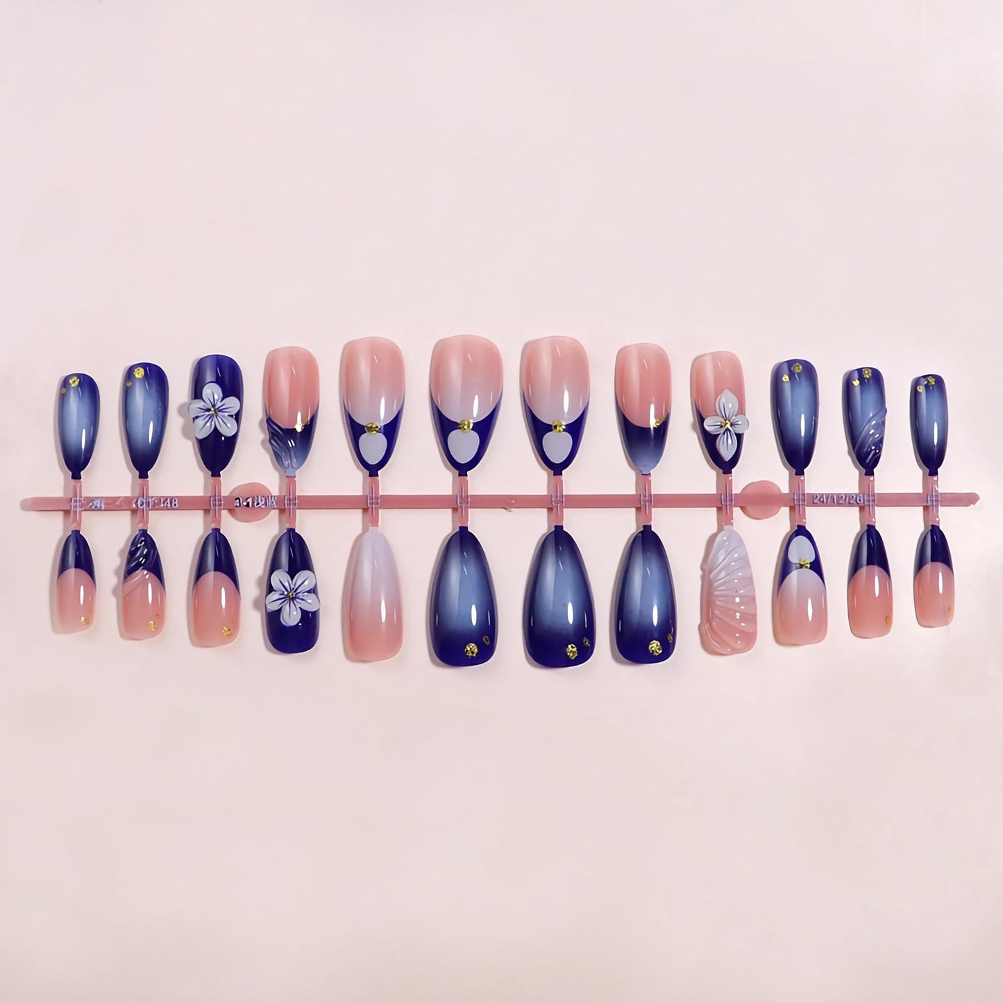 MISUD Press on Nails - Medium Almond Fake Nails with Navy Blue, Acrylic Handmade 3D Flower Gel Design 24 pcs