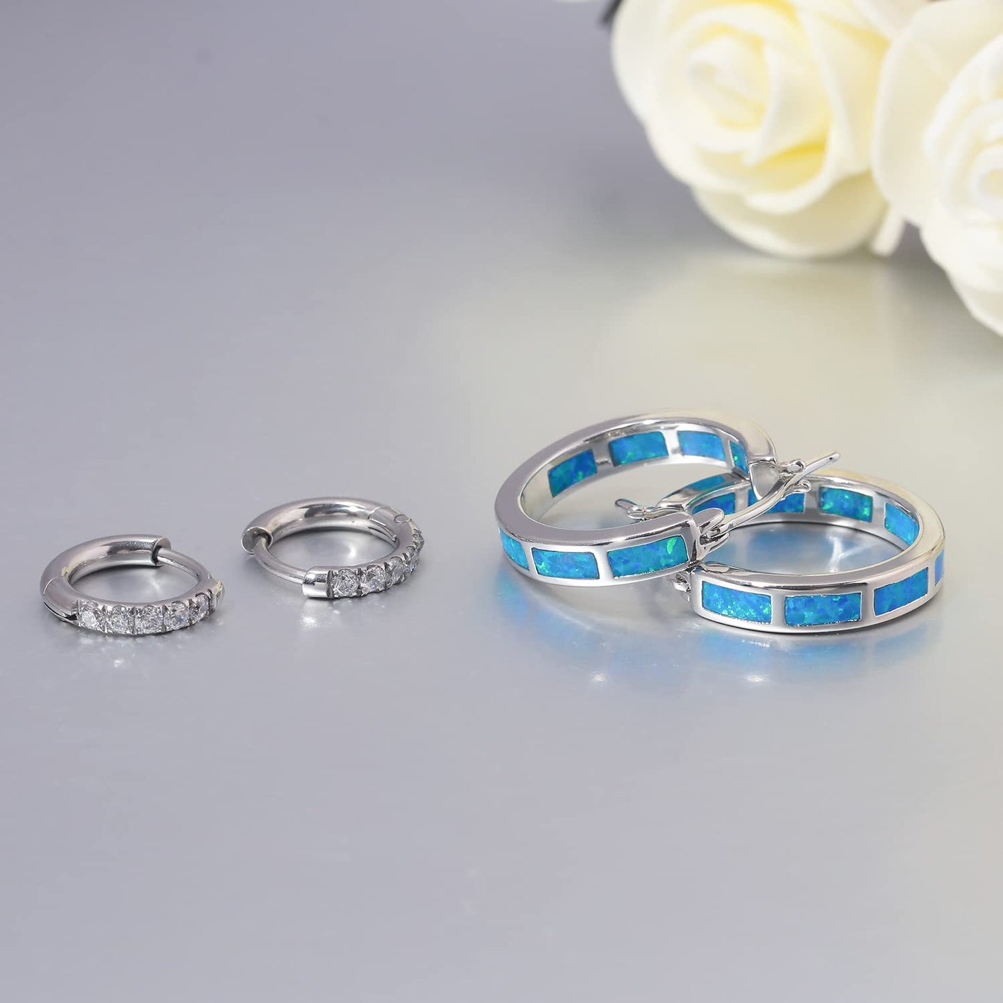 CiNily 2 Pairs Hoop Earring Set for Women Silver Plated Blue Opal Small Hoop Earring Hypoallergenic Cubic Zirconia Tiny Earrings