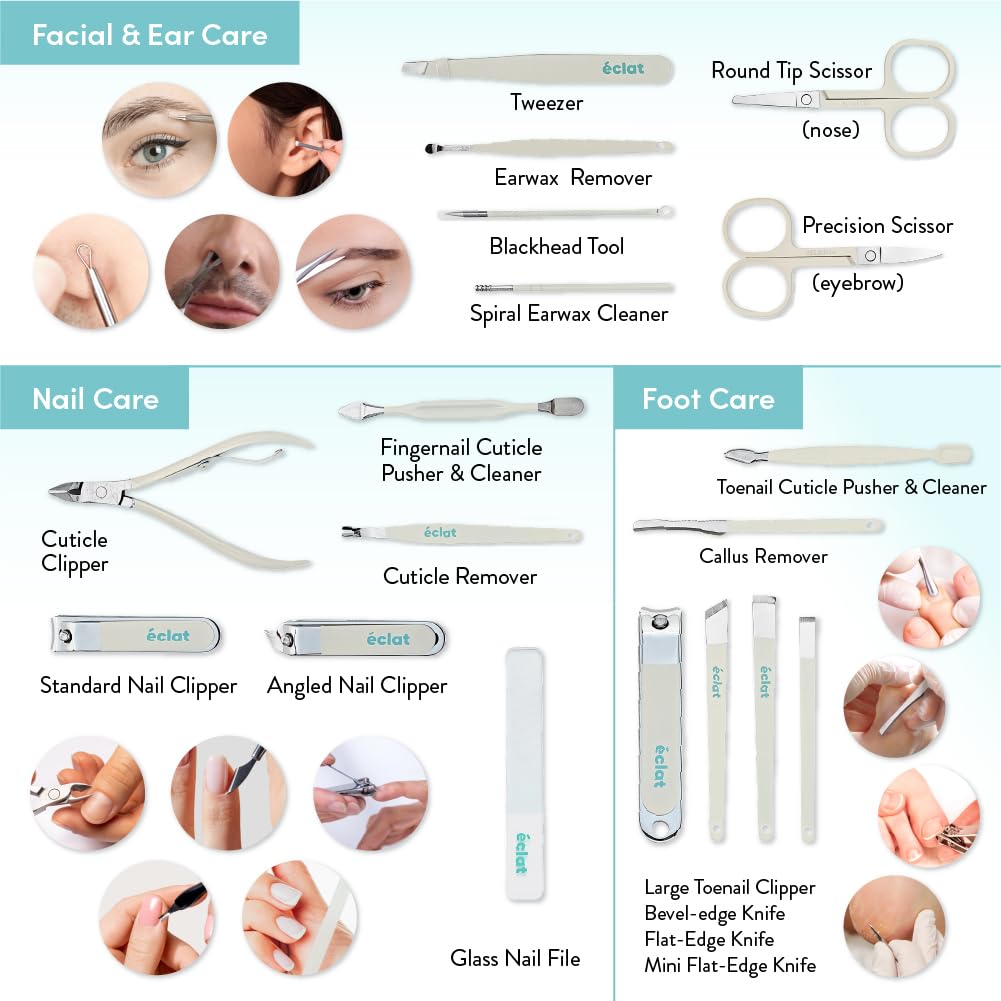 Éclat Manicure Pedicure Kit for Men & Women, 18Pcs Finger & Toe Nail Care Tools Includes Nail Clipper Cutter, Tweezer, File, Cuticle Pusher, Personal Care Professional Grooming Set With Travel Case
