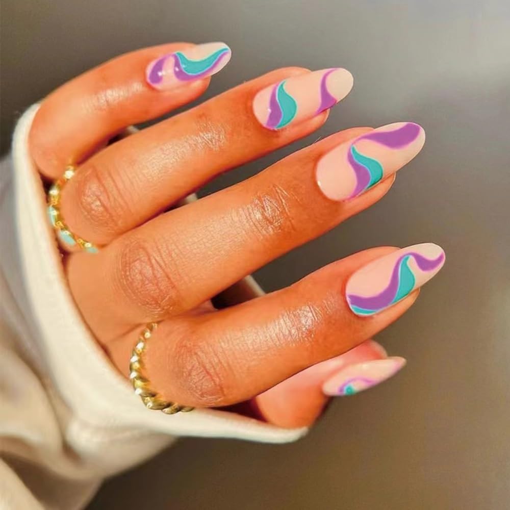CTTHNBD 6 Pack Press on Nails - Almond, French Tip, Swirl, False, Gel - 144 Pcs, 12 Sizes, 6 Styles