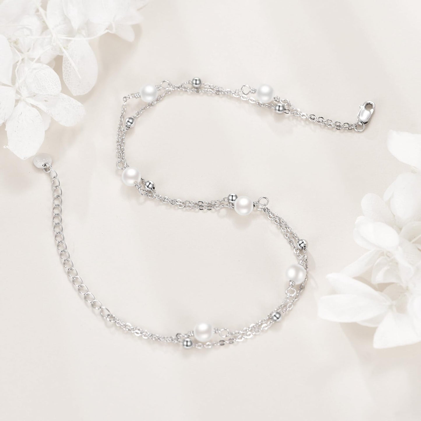 CRMAD Pearl Bracelet Anklet for Women Sterling Silver Beach Jewelry Gift for Women (pearl, bracelet 7+2'')