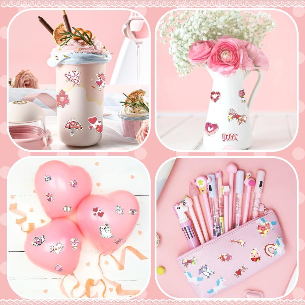 Valentines Stickers, Love Stickers, 100 PCS Holographic Valentine's Day Sticker, Pink Heart Decal Bulk, Waterproof Vinyl Sticker for Waterbottle, Scrapbooking, Envelope Card Mailbox Classroom Gift