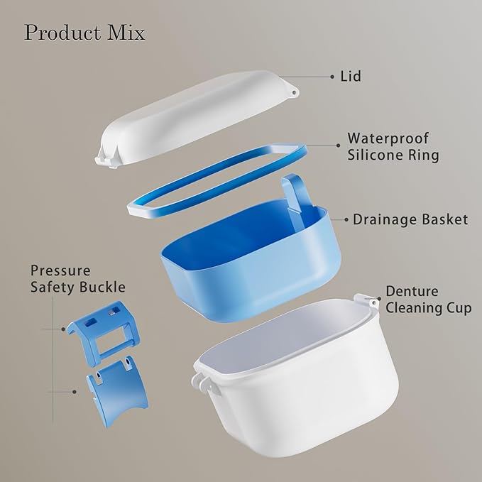 BVN Leak-Proof Denture Case, Denture Cup for Soaking Dentures, Retainer Cleaning Case Bule and White Denture Case