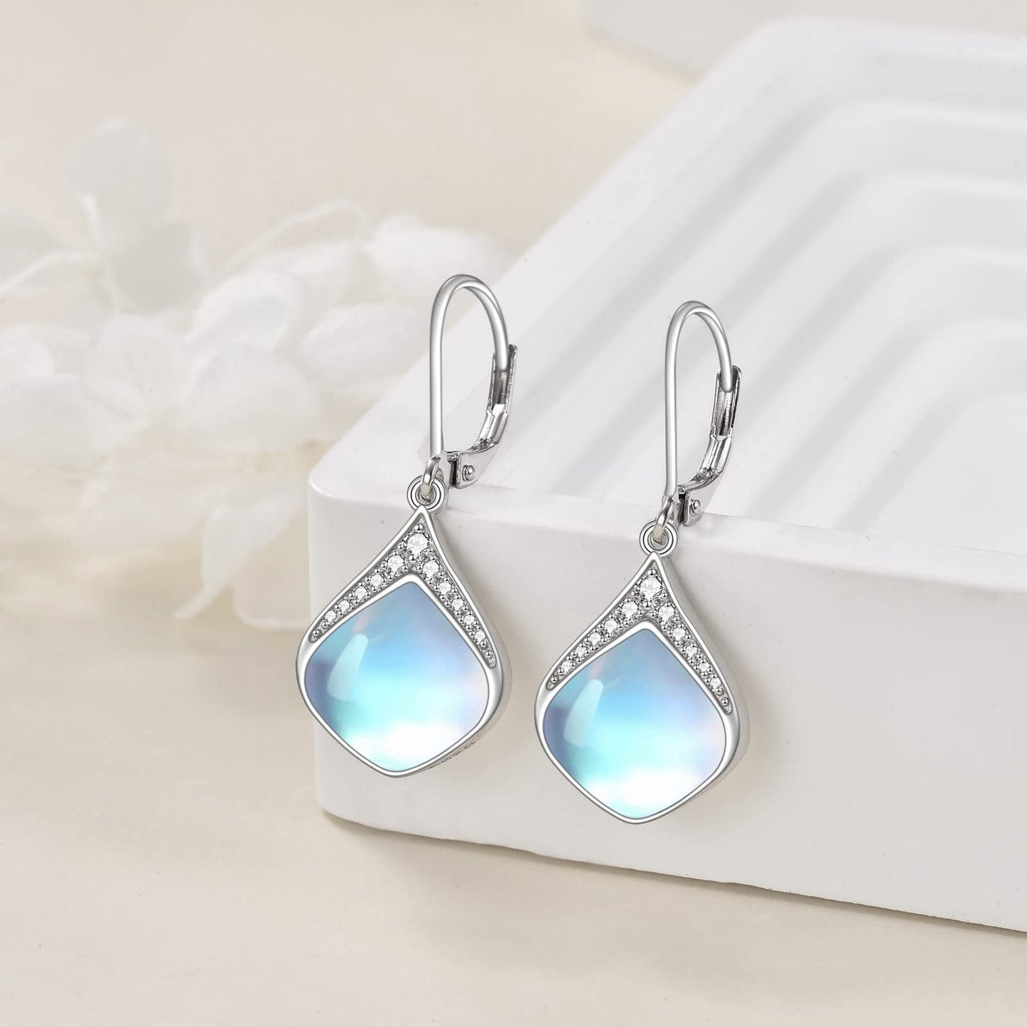 Moonstone Teardrop Earrings for Women Sterling Silver Cubic Zirconia Teardrop Drop cubic Zirconia Dangle Earrings Jewelry Christmas Gifts
