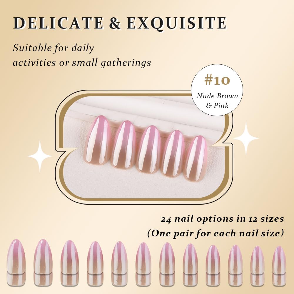 evpct Glazed Press On Nails Almond Medium, Ombre Nude to Pink, Chrome Glazed Glossy Medium Almond Fake False Press on Nails, Soft Gel Stick on nail Press ons with Nail Kit, Reusable Salon Quality