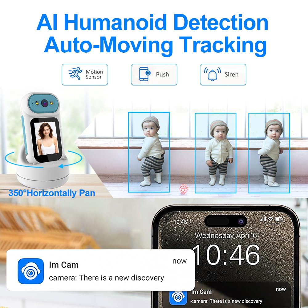 Video Calling Handheld Security Camera Indoor,Nanny Camera Baby Camera Pet Camera,2-Way Video Call 350°Pan Cameras for Home Security,Move Tracking,Alarm Push 1080P 2.8inch Screen,Night Vision