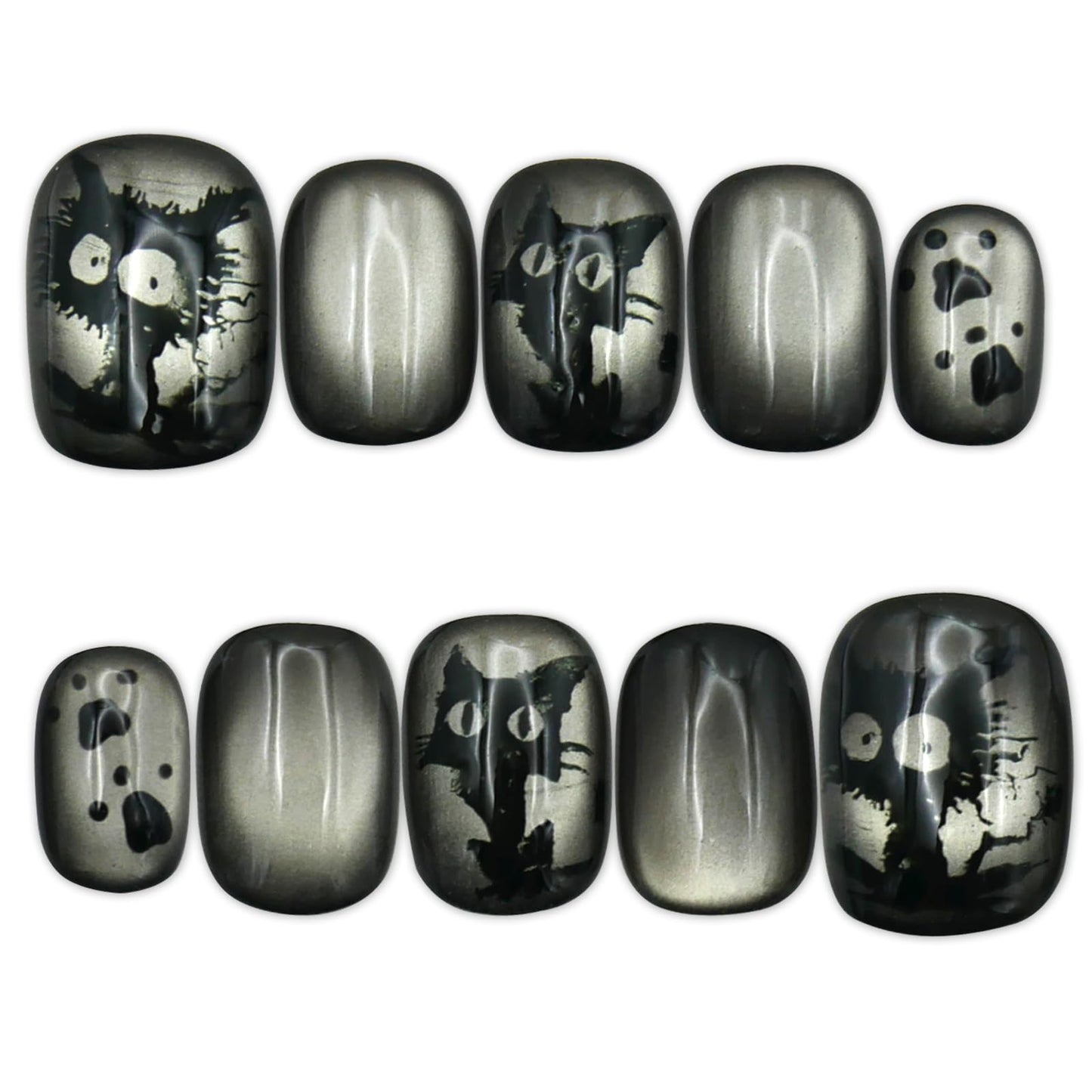 S-Size_Press-On Nails, Short Square Black and Grey with Cat Design, Subtle Office Style