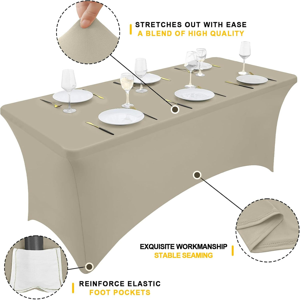 Smiry 2 Pack Spandex Table Cloth 5FT, Elastic Fitted Stretch Tablecloths, Washable and Wrinkle Free Rectangular Patio Table Cover for Outdoor, Wedding, Banquet (Taupe, 60Lx30Wx30H Inch)