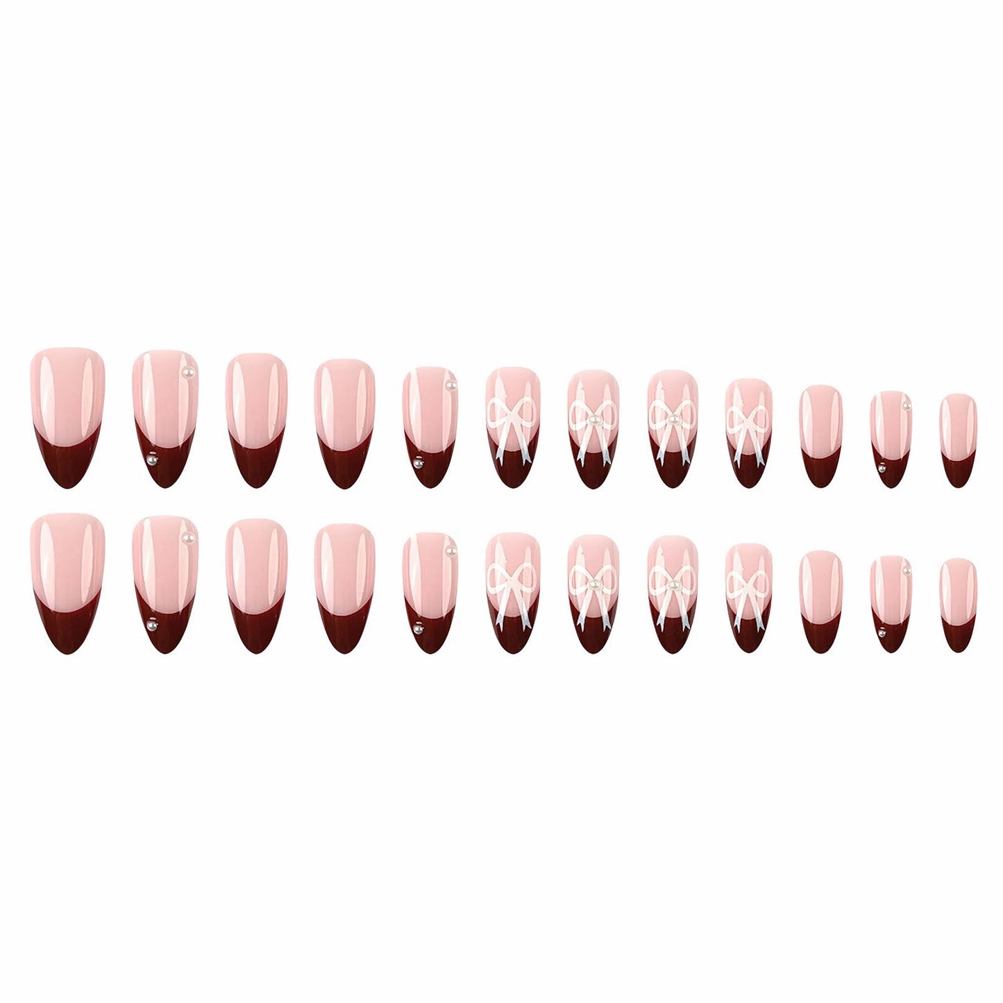 MISUD Press on Nails - Medium Almond Fake Nails with Wine Red French Tip, Acrylic Bow Pearl Design 24 pcs