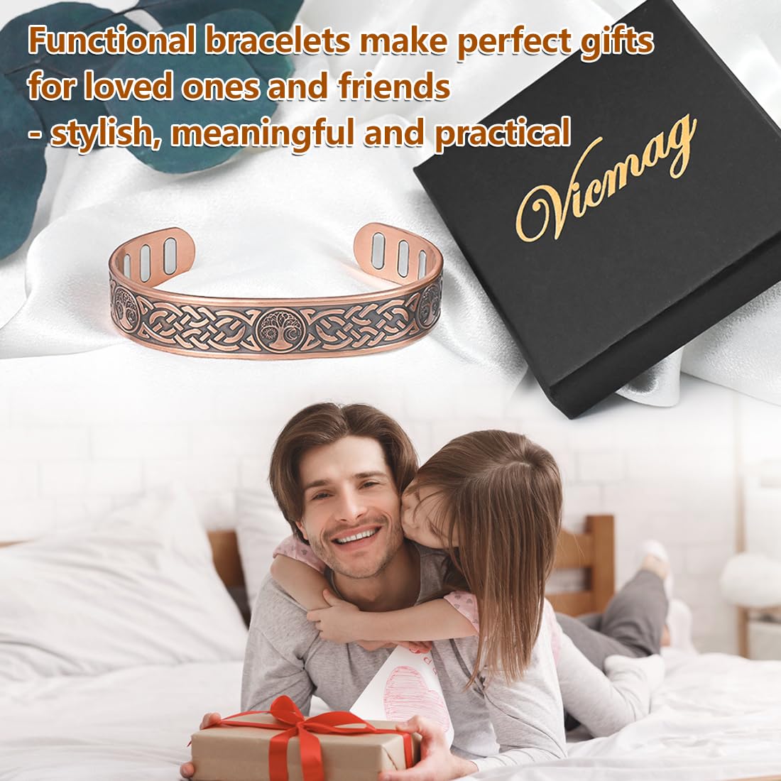 Vicmag Copper Bracelet for Men 9X Strength Magnetic 99% Pure Copper with 5000 Gauss Magnets, Tree of Life Present Box Adjustable(Axe & Sun Moon Tree)