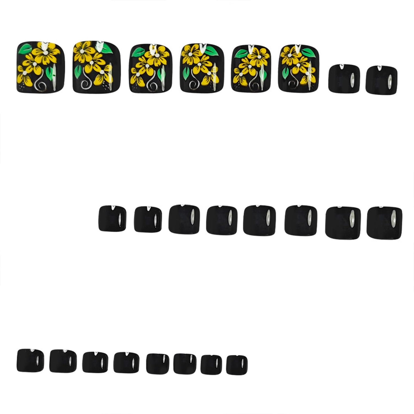 Yellow Flower Press on Toenails Summer False Toenails Black Solid Color Toe Nails Reusable Full Cover Toe Nails for Women