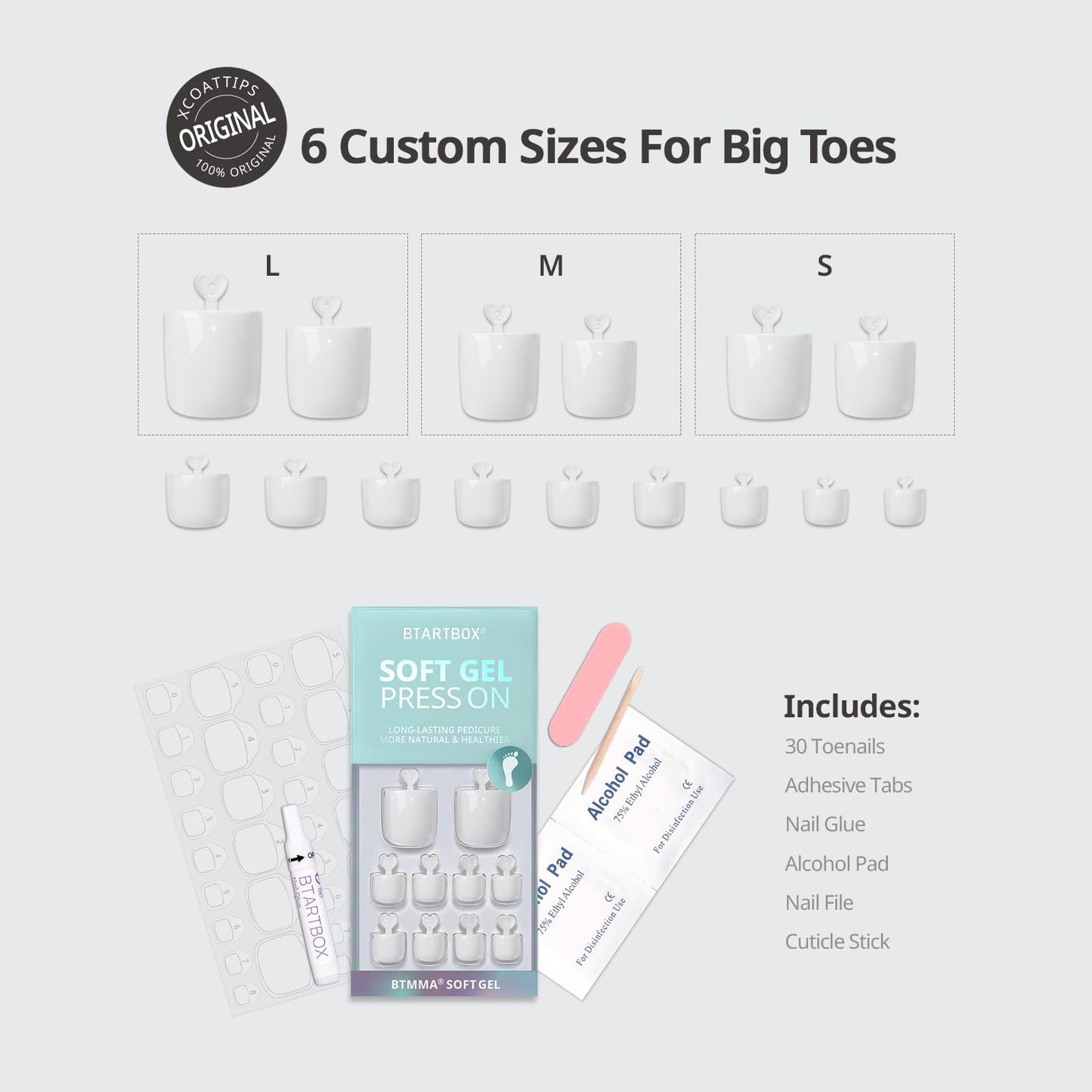 BTArtbox Press On Toenails - Sharp Square Opaque White Toe Nail Press Ons with Glue for Women, Fake Toe Nail Tips in 15 Sizes - 30 Toenails Kit, Ivory White