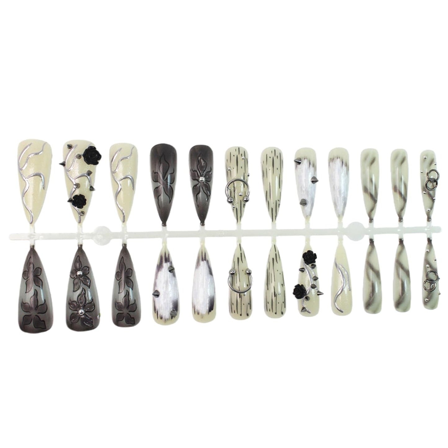 Gothic Press On Nails Long Stiletto Fake Nails with 3D Black Rose, Flower Spikes & Piercing Rhinestones Studs Designs, Reusable Acrylic False Nails for Women Punk Goth Manicure Halloween Party 24Pcs