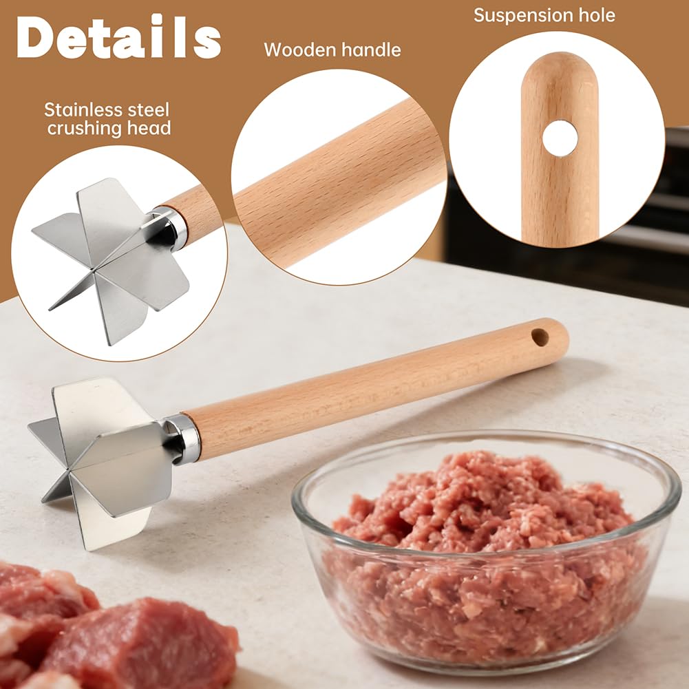 Zorivane Stainless Steel Meat Chopper with Hook, 6 Blades Meat Masher Ground Beef Chopper Tool, 11 inch Hamburger Smasher Potato Masher Meats Pounder Multi-Purpose Kitchen Tool