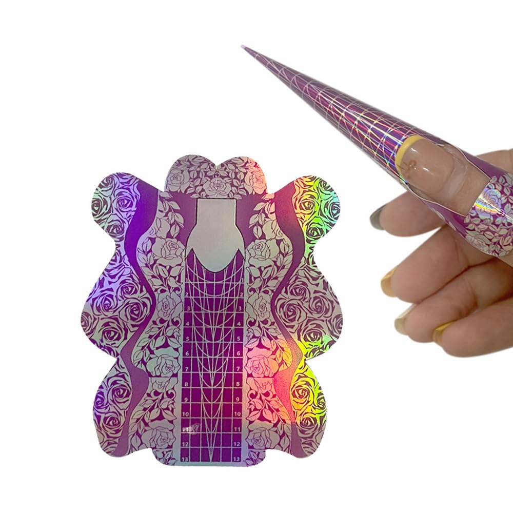 BeautyLeader 500 PCS Nail Forms Long Self-Adhesive Nail Art Tip Shape Guide Stickers Laser Purple Color Nail Extension Nail Tips Guide Stencil Manicure Tool