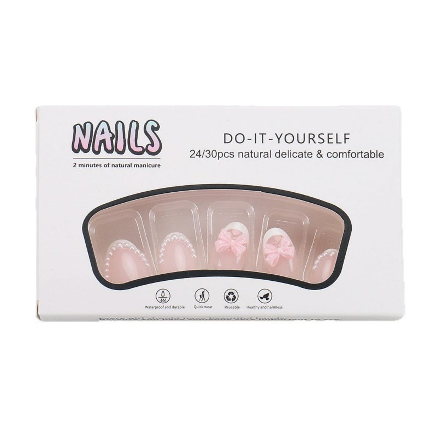 Octoswave Short Almond Press on Nails Pink Fake Nails French Bow Artificial Nail Pearl Stick on Nail for Women 24pcs