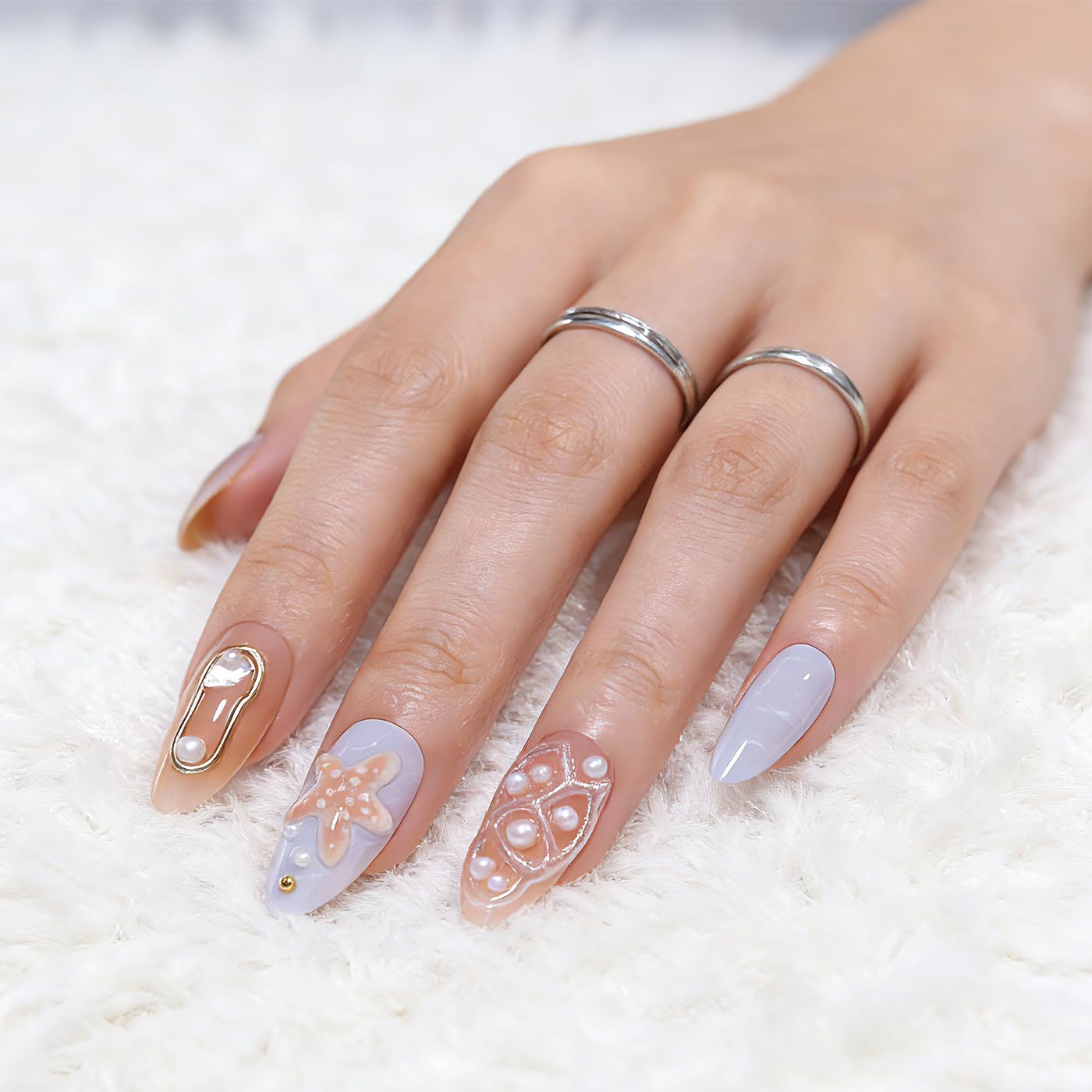 Goolich Medium Almond Ocean Theme Press On Nails,3D Bead Mermaid Nails Press ons Set with Adhesive Tabs, 24 Pcs 12 Size Reusable Full Cover Glue on Nails for Women