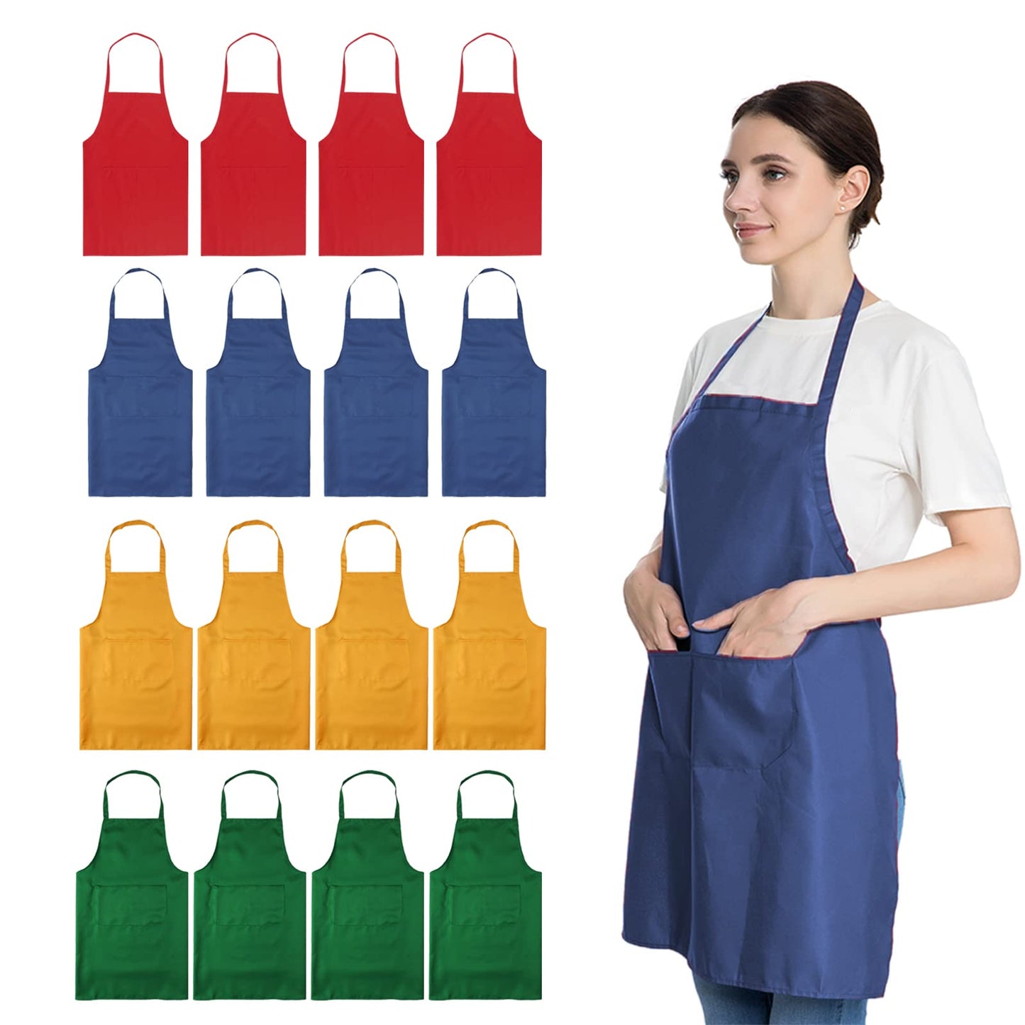 16 PCS Plain Color Bib Adult Apron for Women Men with 2 Pockets Waterproof Apron for Kitchen Cooking Drawing Crafting Painting Chef Restaurant Baker Servers Waitress Waiter BBQ(16, Blue Combination)