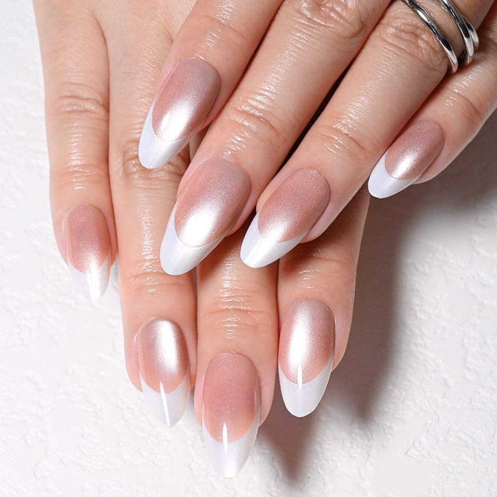 evpct Brown Cat Eye French Tip Press on Nails Almond Medium No Glue, White French Tip Medium Almond Holographic Stick on Nails for Women, Reusable Full Cover Soft Press on Nail Perfectly with Design