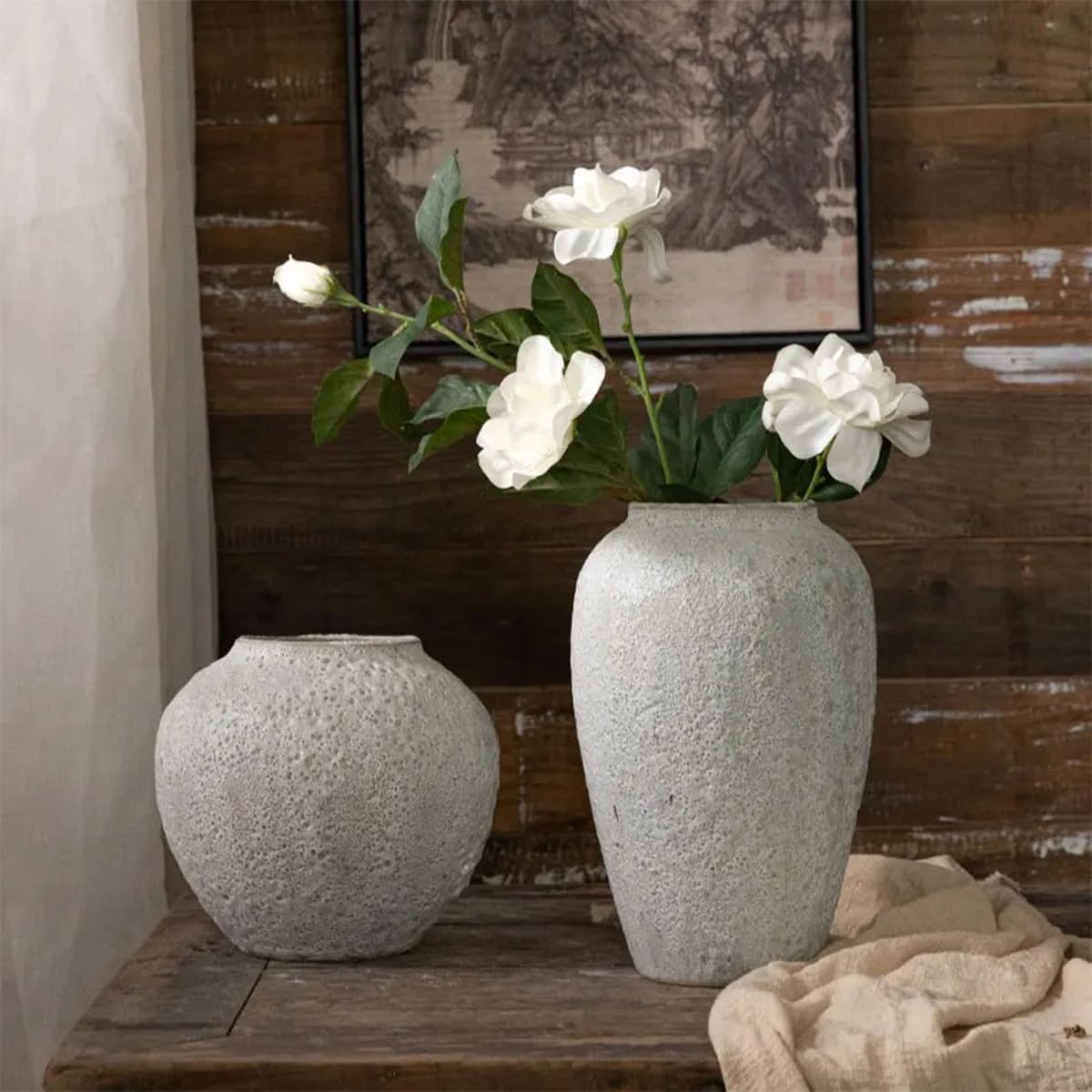 Ayuduots Cement Texture Ceramic Vase, Rustic Decorative Flower Planter Home Office Decoration, 7.48x7.87inch