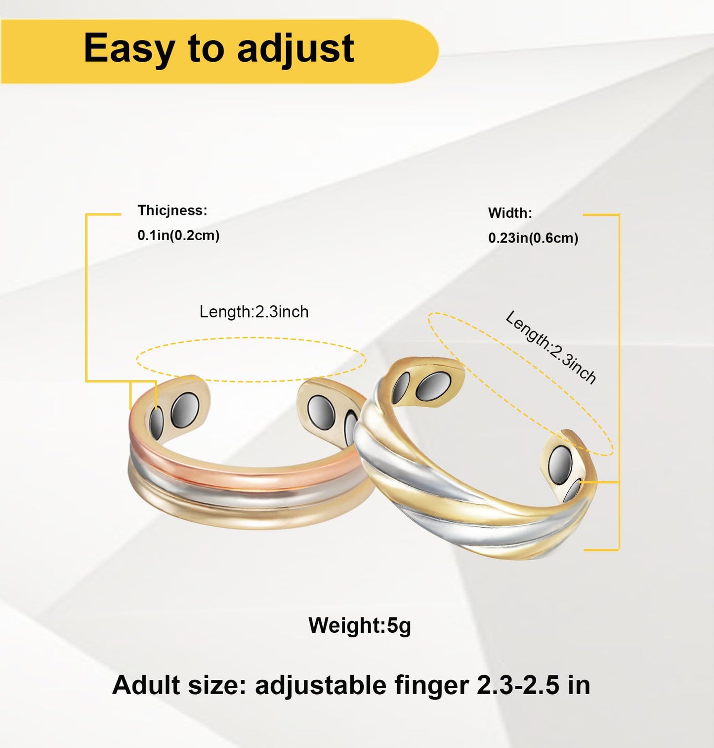 EnerMagiX Copper Rings for Women, 2pcs Set Pure Copper Adjustable Magnetic Three-Color Gold Ring, Copper Jewelry(0013-0949)